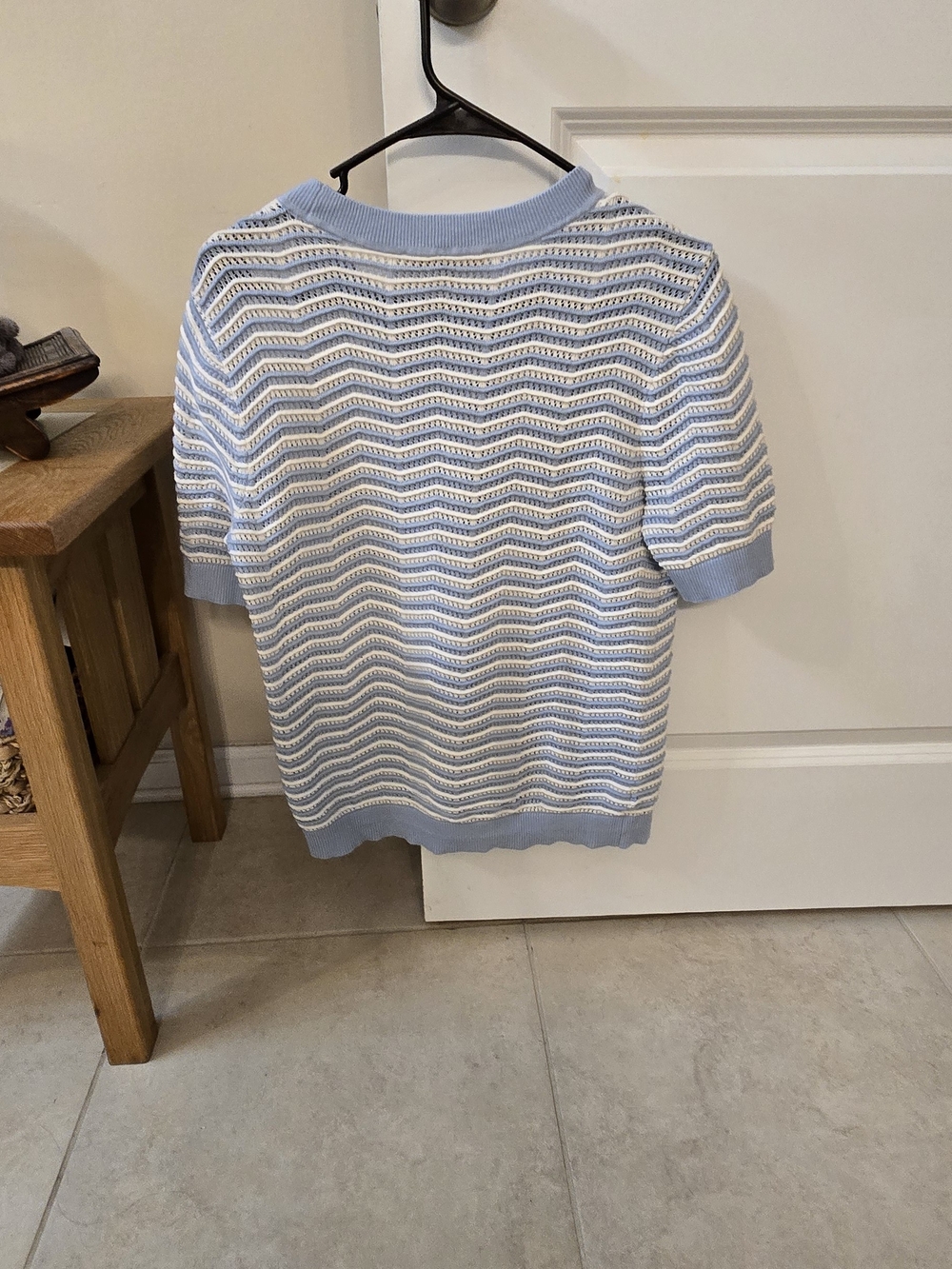 LOFT Light Blue and White Short Sleeve Knit Sweater